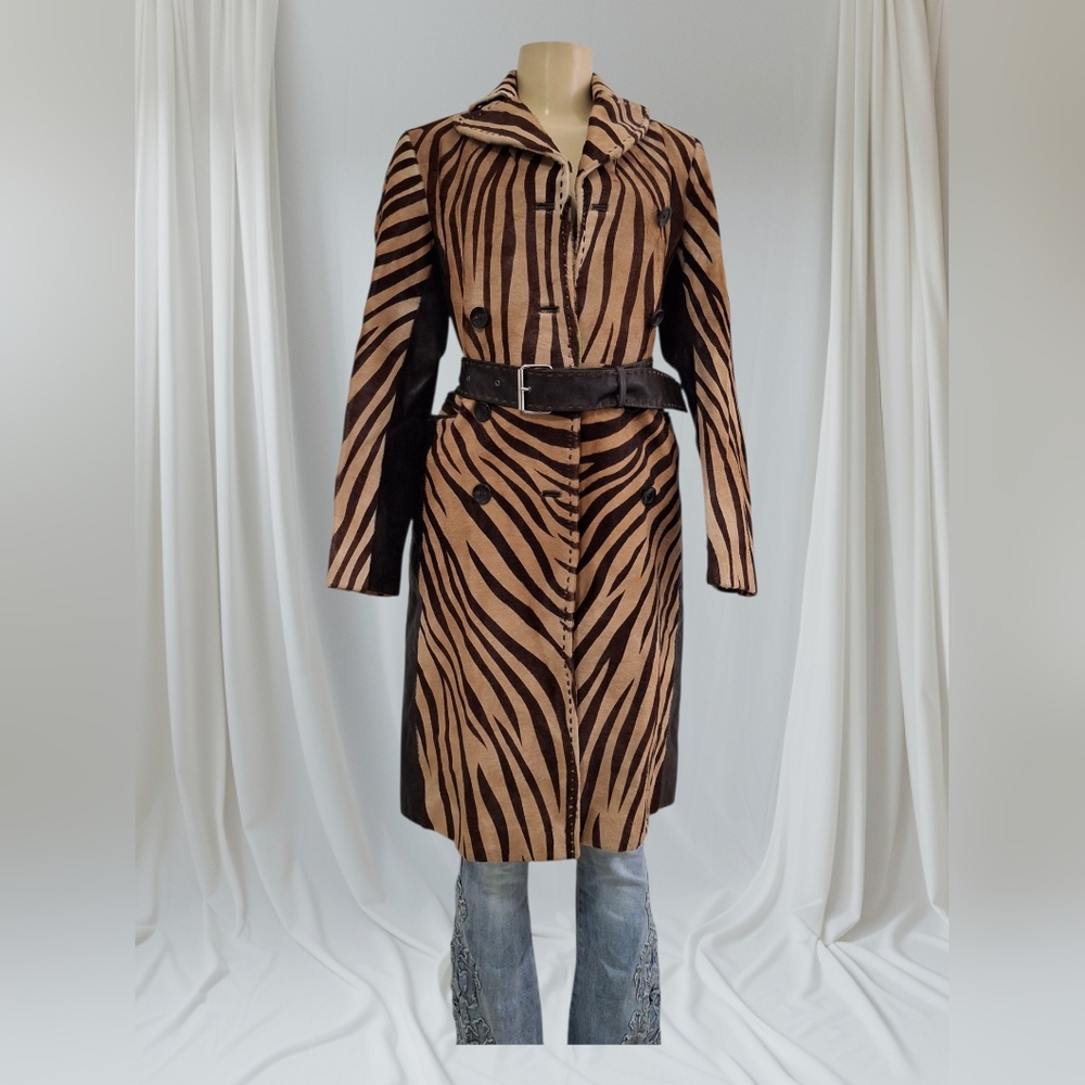 💋 KULSON Made In ITALY Genuine LEATHER  Zebra Print Trench Coat with Belt